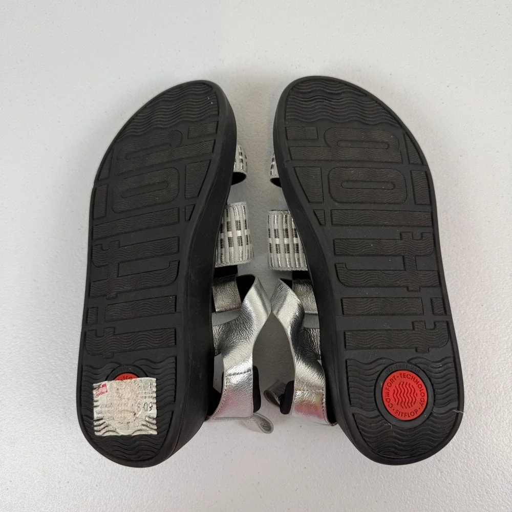 FITFLOP F-MODE METALLIC-LEATHER/WEBBING FLATFORM FISHERMAN SANDALS Women's 9 US